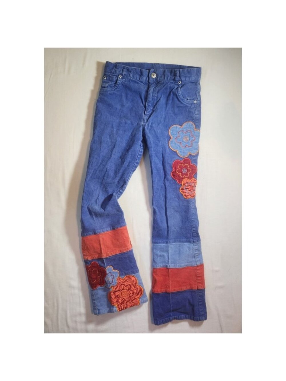 The Childrens Place Girls Blue Patchwork Floral Corduroy Pants Size 8 Stretch
